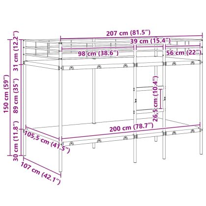 Двуетажно легло без матрак Черно 107x203 cm Стомана