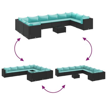 Градински комплект диван с възглавници 11 части черен полиратан
