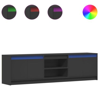 ТВ шкаф с LED, черен, 180x34x50 см, инженерно дърво