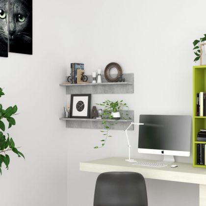 Стенни рафтове 2 бр, бетонно сиви 80x11,5x18 см инженерно дърво