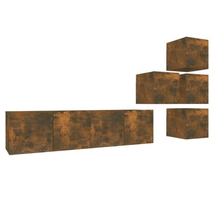 Комплект ТВ шкафове от 6 части, опушен дъб, инженерно дърво