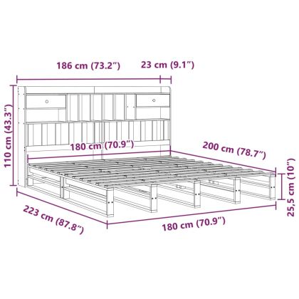 Легло с етажерка за книги, без матрак, 180x200 см, бор масив