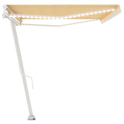 Ръчно прибиращ се сенник с LED, 500x350 см, жълто и бяло