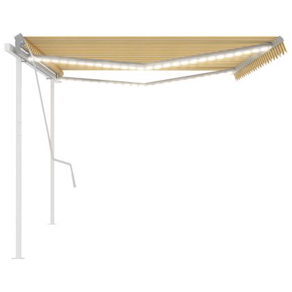 Ръчно прибиращ се сенник с LED, 5x3,5 м, жълто и бяло