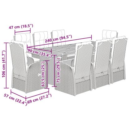 Градински трапезен комплект възглавници 9 части черен полиратан