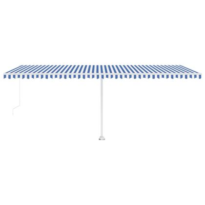 Ръчно прибиращ се сенник с LED, 600x350 см, синьо и бяло