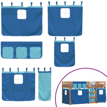 Двуетажно легло със завеси синьо 90x190 см масивно борово дърво