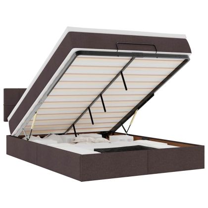 Османска легло с матрак и LED, тъмнокафяво, 140x200 см, плат