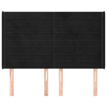 Горна табла за легло с уши, черна, 147x16x118/128 см, кадифе