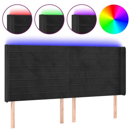 LED горна табла за легло, черна, 183x16x118/128 см, кадифе