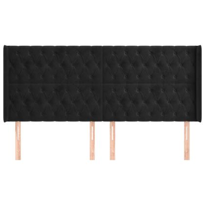 Горна табла за легло с уши, черна, 183x16x118/128 см, кадифе