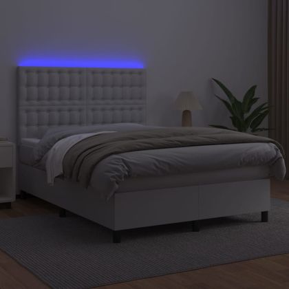 Боксспринг легло с матрак и LED бяло 140x200 см изкуствена кожа
