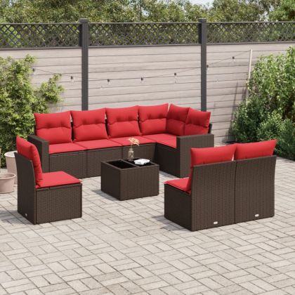 Градински комплект диван с възглавници 9 части кафяв полиратан