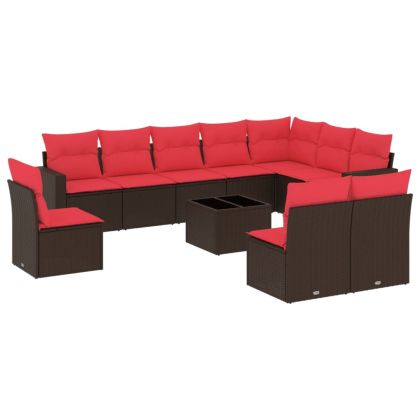 Градински комплект диван с възглавници 11 части кафяв полиратан