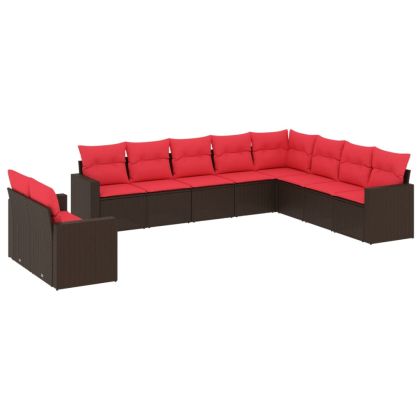 Градински комплект диван с възглавници 10 части кафяв полиратан