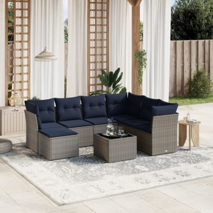 Градински диван с възглавници, 8 части, полиратан, сив