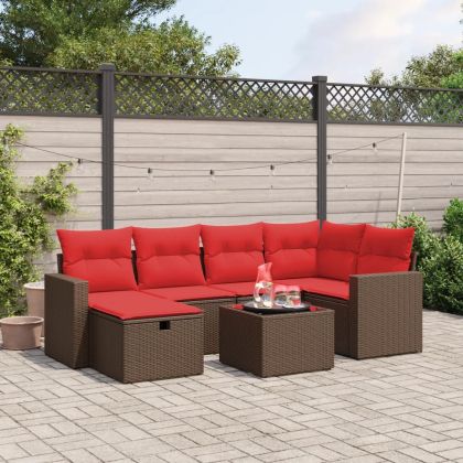 Градински диван с възглавници, 7 части, полиратан, кафяв