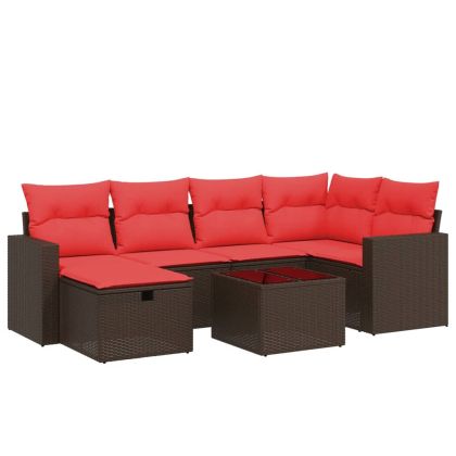 Градински диван с възглавници, 7 части, полиратан, кафяв