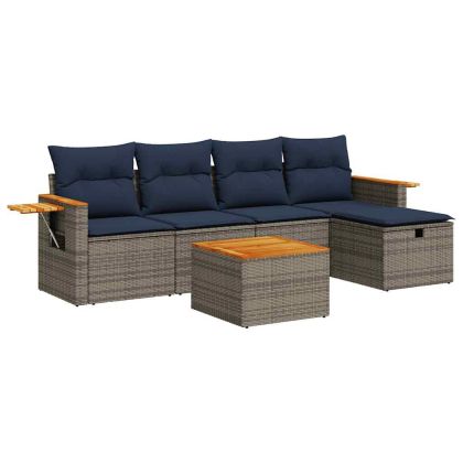 Градински диван с възглавници, 6 части, полиратан, сив