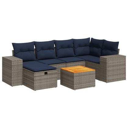 Градински диван с възглавници, 7 части, полиратан, сив