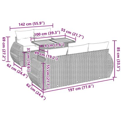 Градински диван с възглавници, 6 части, полиратан, сив