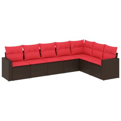Градински диван с възглавници, 7 части, полиратан, кафяв