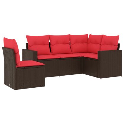 Градински комплект с възглавници, 5 части, кафяв полиратан