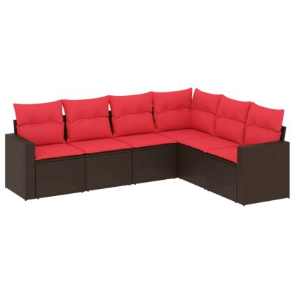 Градински комплект с възглавници, 6 части, кафяв, полиратан