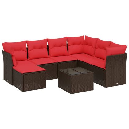 Градински комплект с възглавници, 8 части, кафяв, полиратан