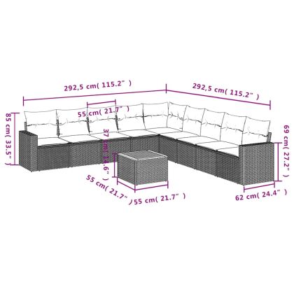 Градински диван с възглавници, 10 части, полиратан, сив