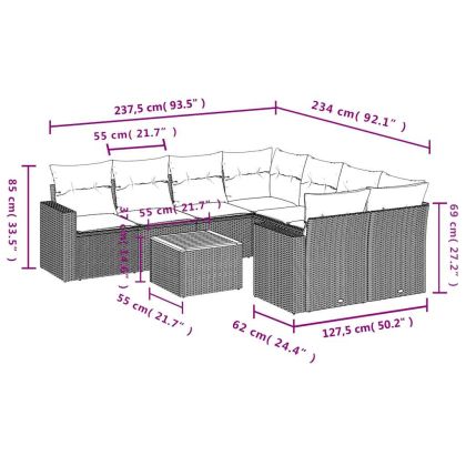 Градински диван с възглавници, 9 части, полиратан, сив