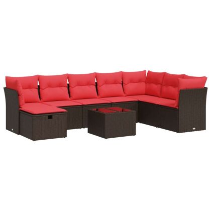 Градински комплект диван с възглавници 9 части кафяв полиратан