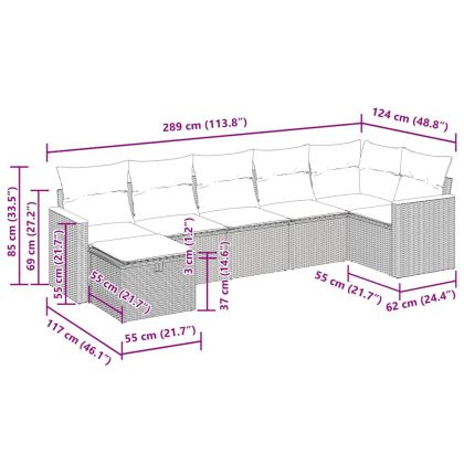 Градински диван с възглавници, 7 части, полиратан, сив