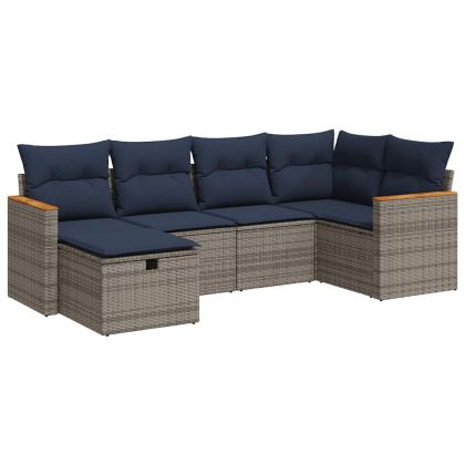 Градински диван с възглавници, 6 части, полиратан, сив