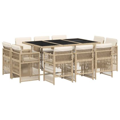 Градински комплект с възглавници, 11 части, бежов полиратан