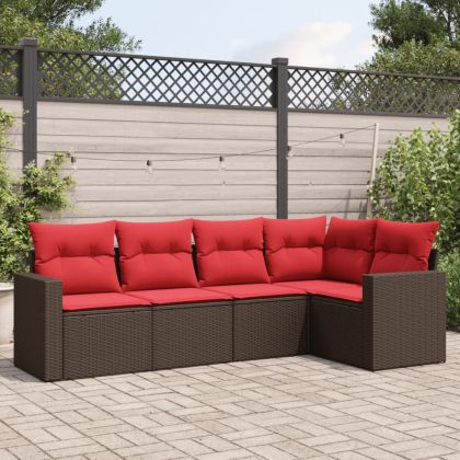 Градински комплект с възглавници, 5 части, кафяв полиратан