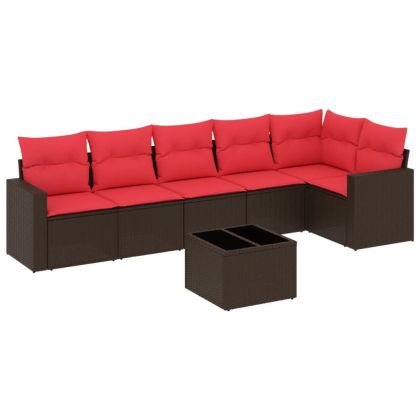 Градински диван с възглавници, 7 части, полиратан, кафяв