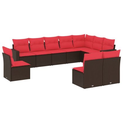 Градински комплект диван с възглавници 10 части кафяв полиратан