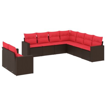 Градински комплект диван с възглавници 9 части кафяв полиратан