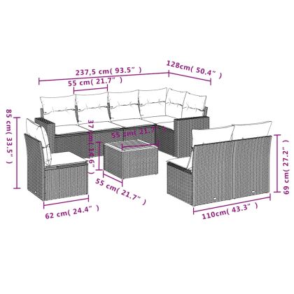 Градински диван с възглавници, 9 части, полиратан, сив