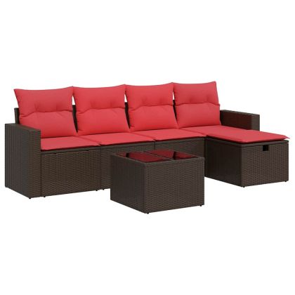 Градински комплект с възглавници, 6 части, кафяв, полиратан