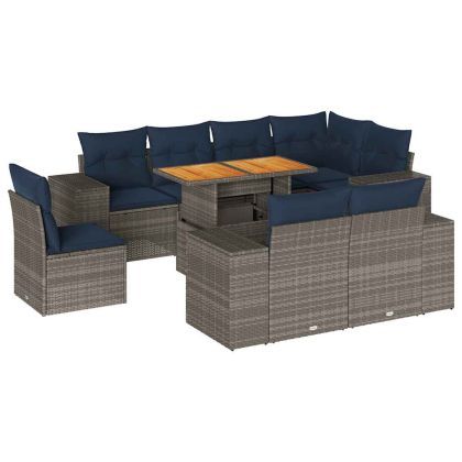 Градински комплект диван с възглавници 9 части сив полиратан