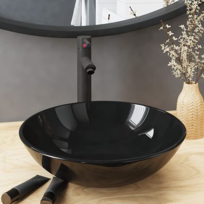 Мивка за баня с кран и сифон, черно закалено стъкло