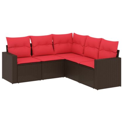 Градински комплект с възглавници, 5 части, кафяв полиратан