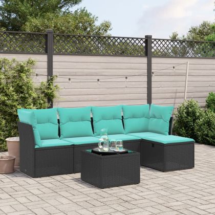 Градински комплект диван с възглавници 6 части черен полиратан