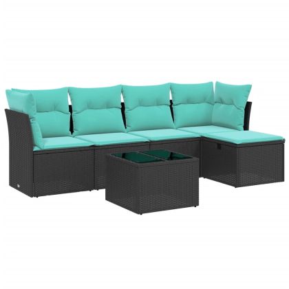 Градински комплект диван с възглавници 6 части черен полиратан