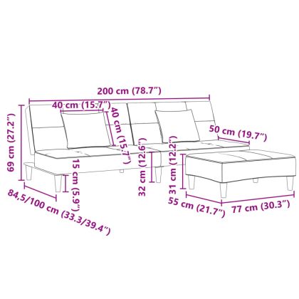 2-местен диван с табуретка, светлосив, текстил