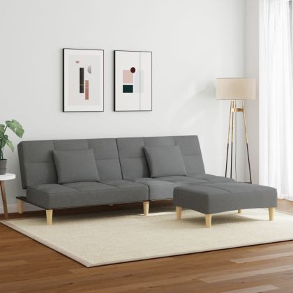 2-местен диван с табуретка, тъмносив, текстил