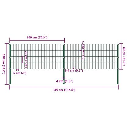 Ограден панел с железни стълбове 349x80 см, зелен