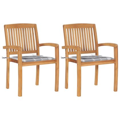 Градински столове, 2 бр, възглавници на сиво каре, тик масив